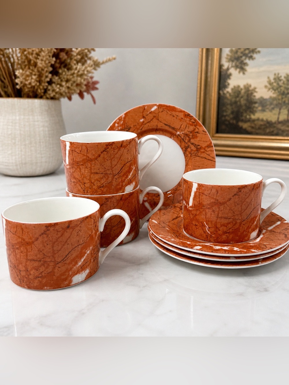 Victoria Beale Versailles Burnt Orange Marble Cup Saucer Set Of 4 Vintage